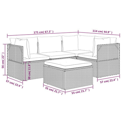 5 pcs conjunto lounge de jardim c/ almofadões vime PE cinzento