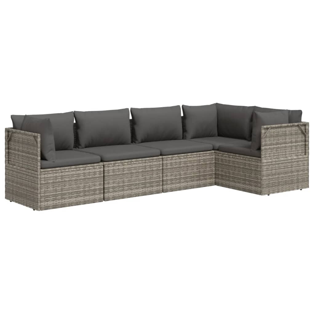 5 pcs conjunto lounge de jardim c/ almofadões vime PE cinzento