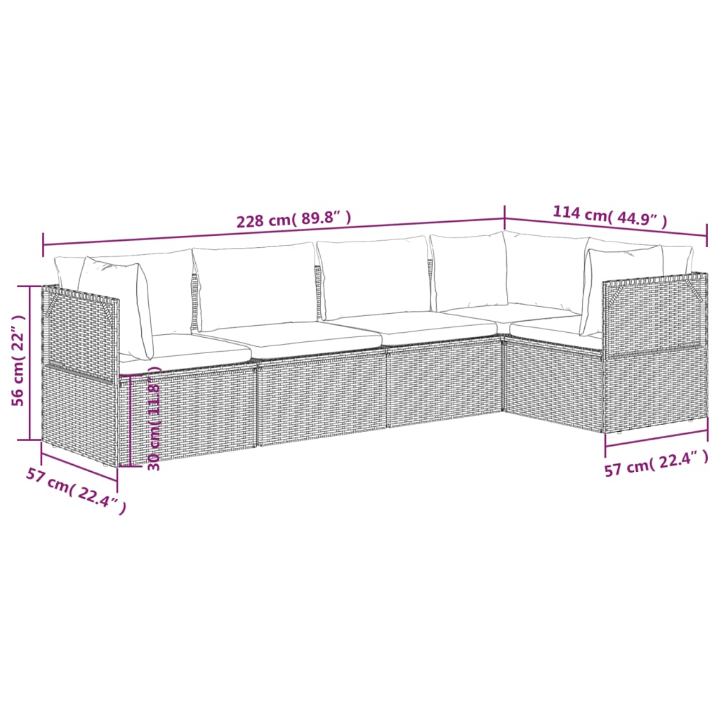 5 pcs conjunto lounge de jardim c/ almofadões vime PE cinzento