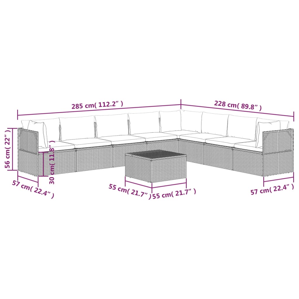 9 pcs conjunto lounge de jardim c/ almofadões vime PE cinzento