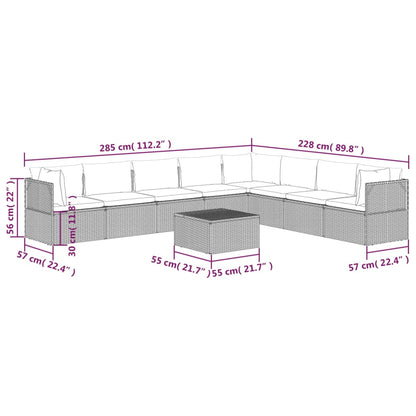 9 pcs conjunto lounge de jardim c/ almofadões vime PE cinzento