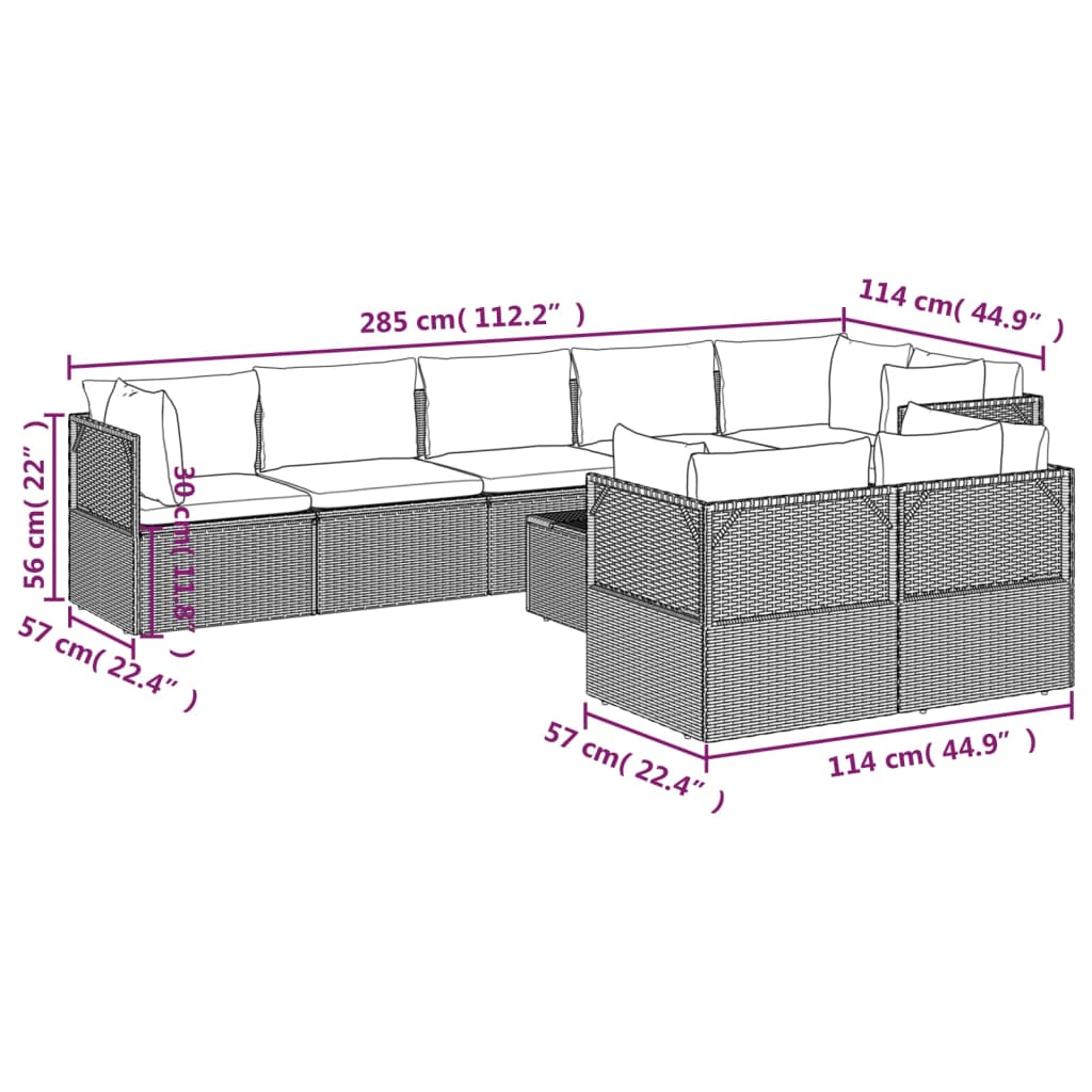 9 pcs conjunto lounge de jardim c/ almofadões vime PE cinzento