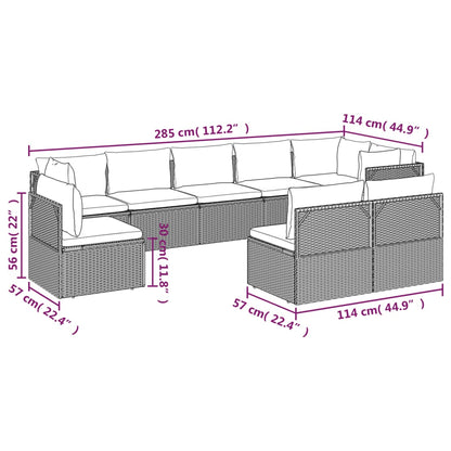 9 pcs conjunto lounge de jardim c/ almofadões vime PE cinzento