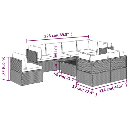 9 pcs conjunto lounge de jardim c/ almofadões vime PE cinzento