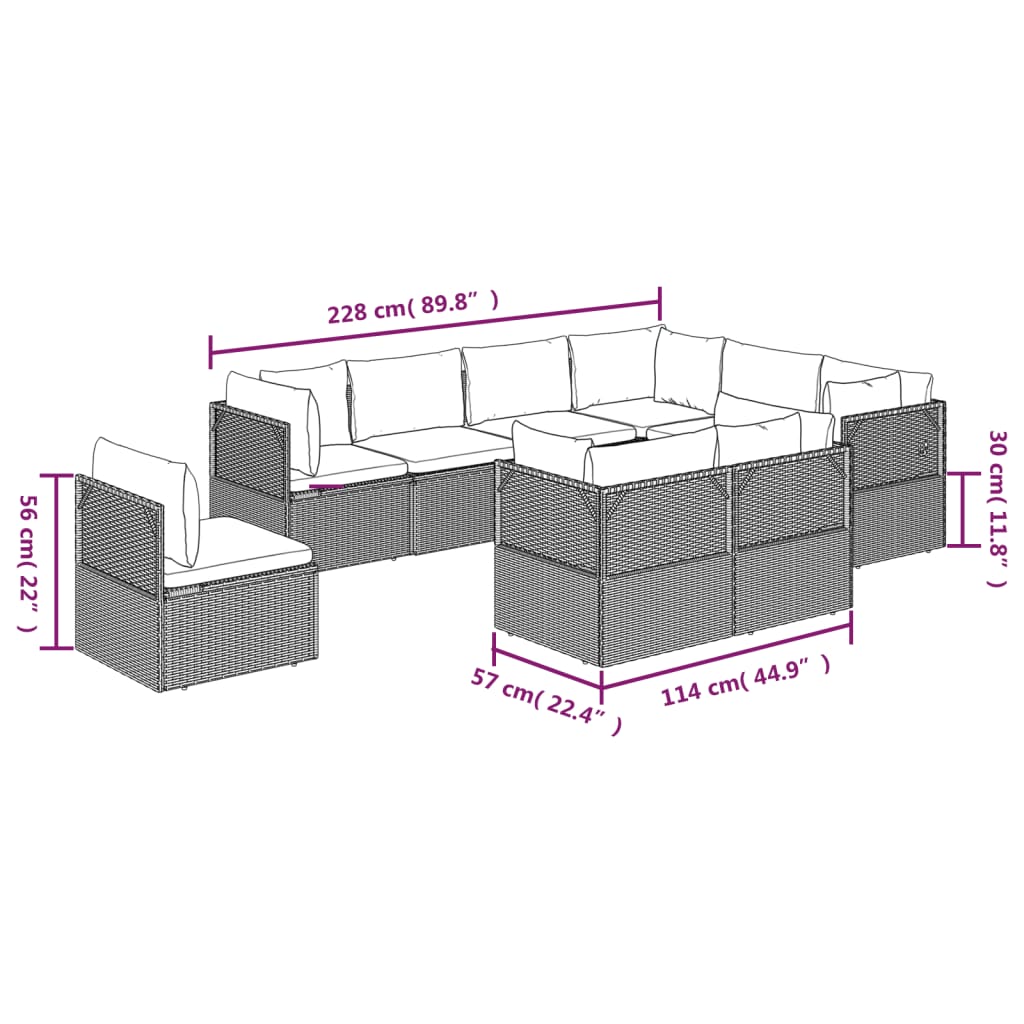 9 pcs conjunto lounge de jardim c/ almofadões vime PE cinzento