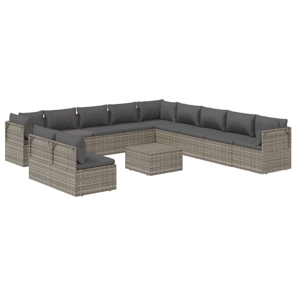 12 pcs conjunto lounge de jardim c/ almofadões vime PE cinzento