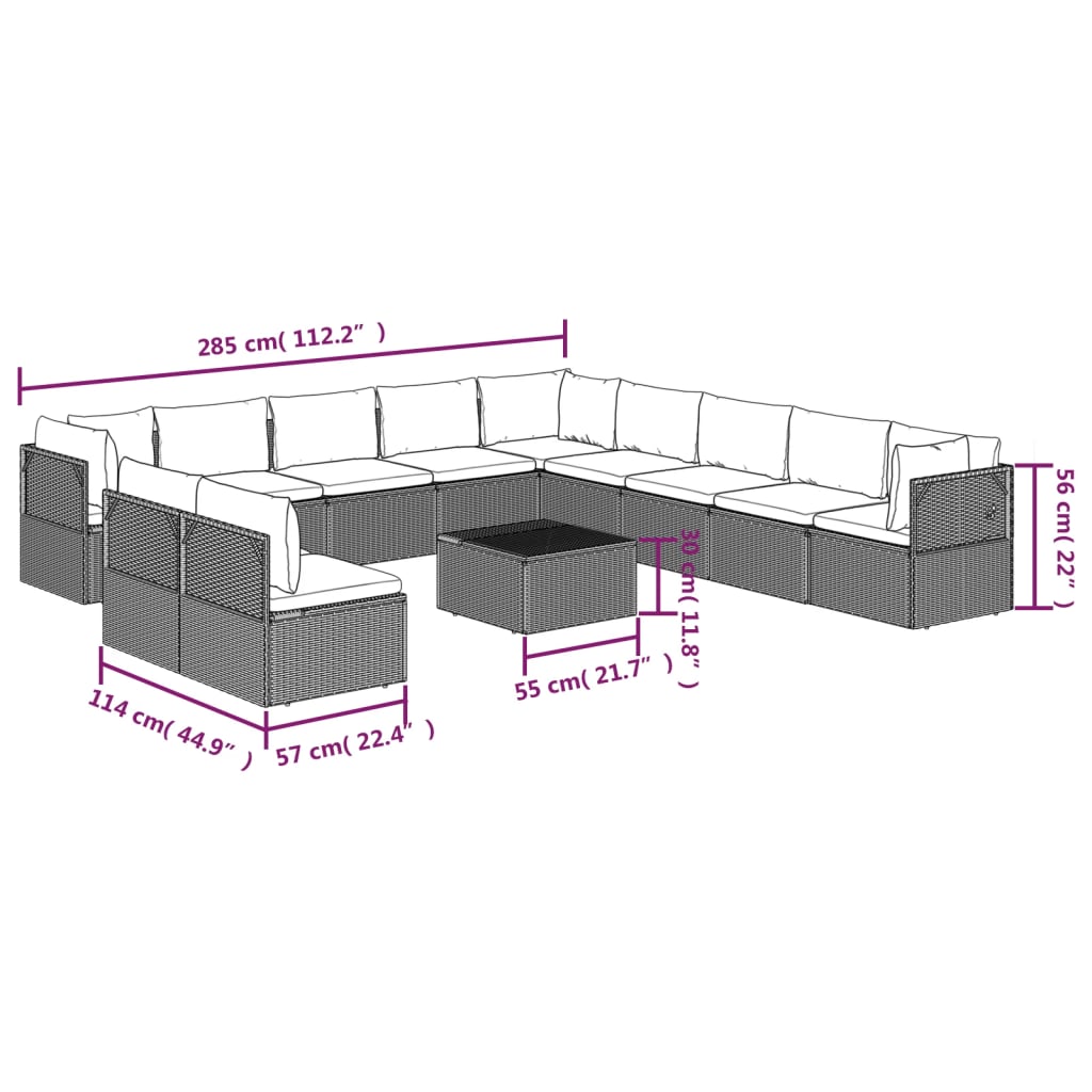 12 pcs conjunto lounge de jardim c/ almofadões vime PE cinzento