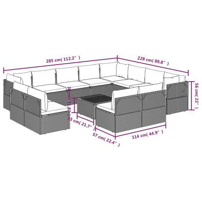 13 pcs conjunto lounge de jardim c/ almofadões vime PE cinzento