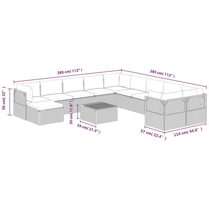 12 pcs conjunto lounge de jardim c/ almofadões vime PE cinzento