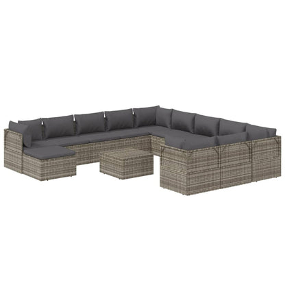 13 pcs conjunto lounge de jardim c/ almofadões vime PE cinzento