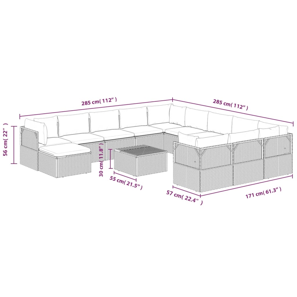 13 pcs conjunto lounge de jardim c/ almofadões vime PE cinzento