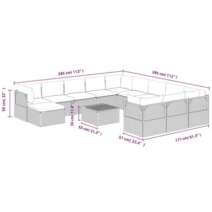 13 pcs conjunto lounge de jardim c/ almofadões vime PE cinzento