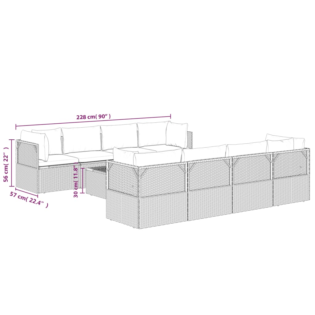 9 pcs conjunto lounge de jardim c/ almofadões vime PE cinzento