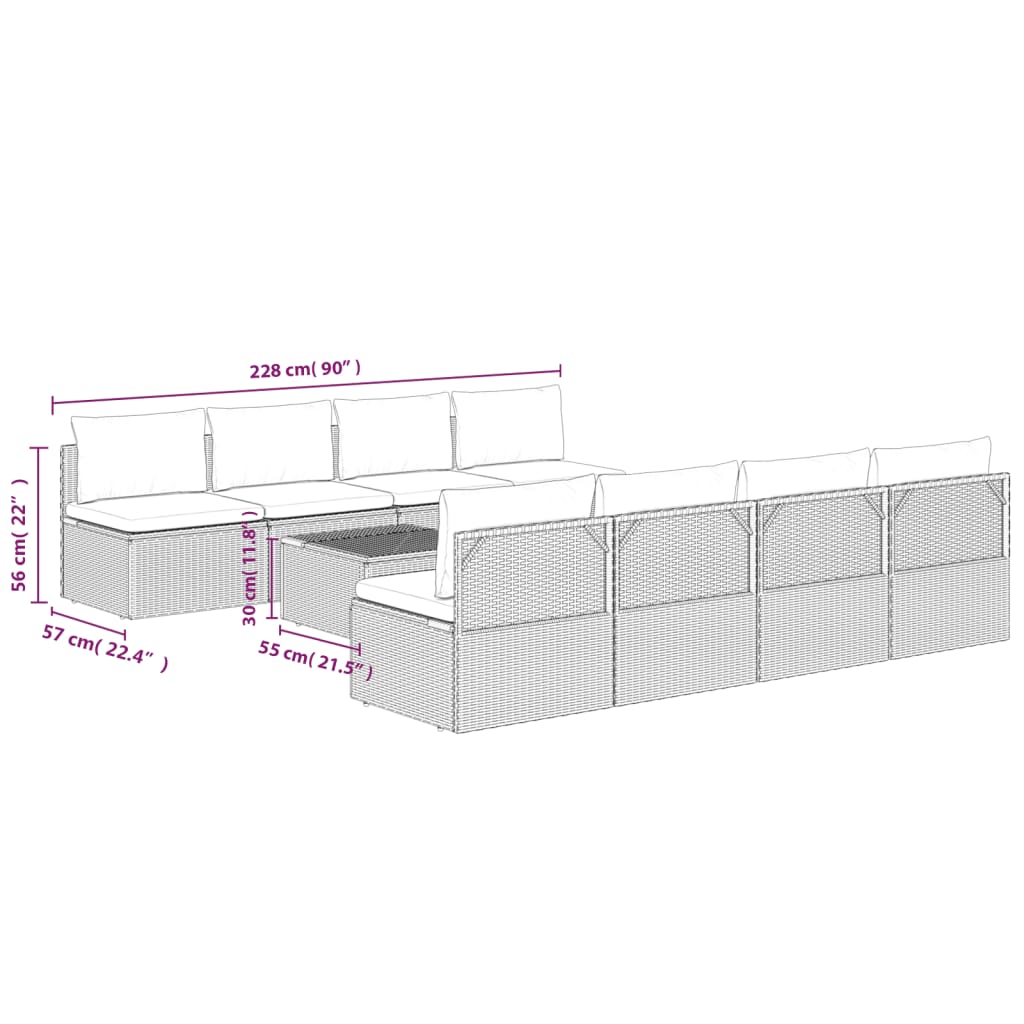 9 pcs conjunto lounge de jardim c/ almofadões vime PE cinzento