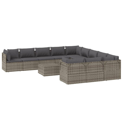 12 pcs conjunto lounge de jardim c/ almofadões vime PE cinzento