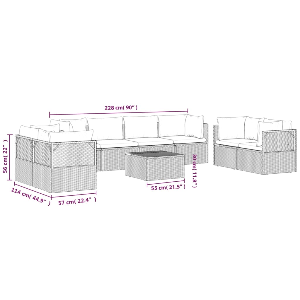 9 pcs conjunto lounge de jardim c/ almofadões vime PE cinzento