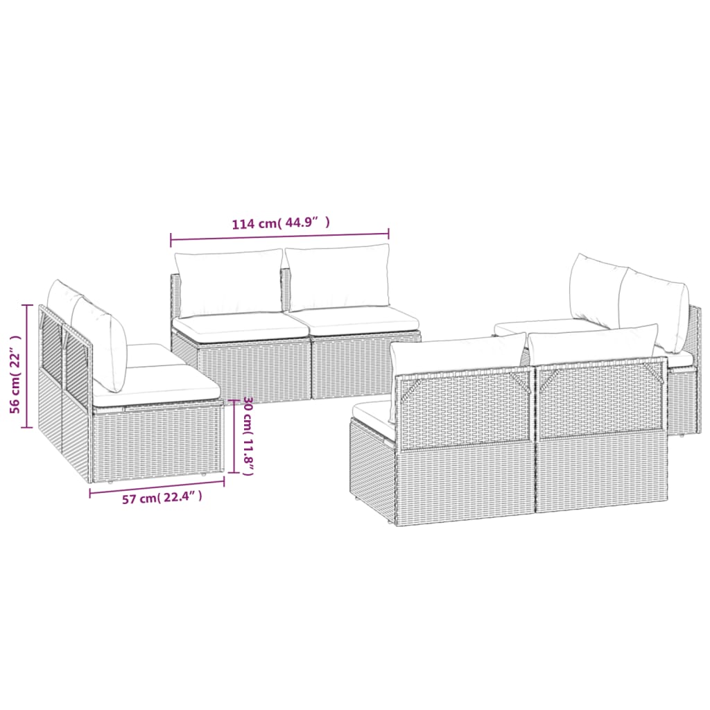 Sofás de centro para jardim 8 pcs 57x57x56 cm vime PE cinza