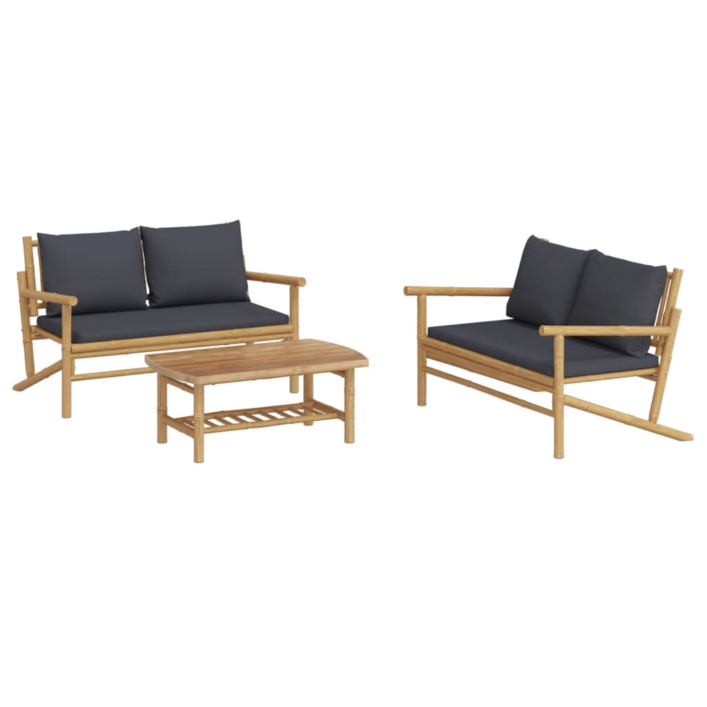 3pcs conj. lounge de jardim bambu c/ almofadões cinzento-escuro