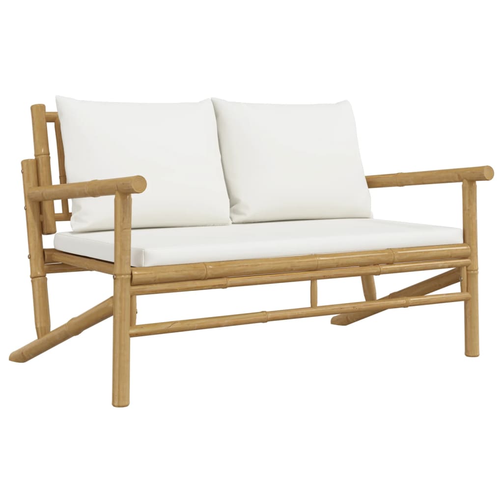 3 pcs conjunto lounge de jardim bambu c/ almofadões branco nata