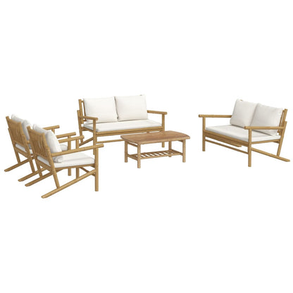 5 pcs conjunto lounge de jardim bambu c/ almofadões branco nata