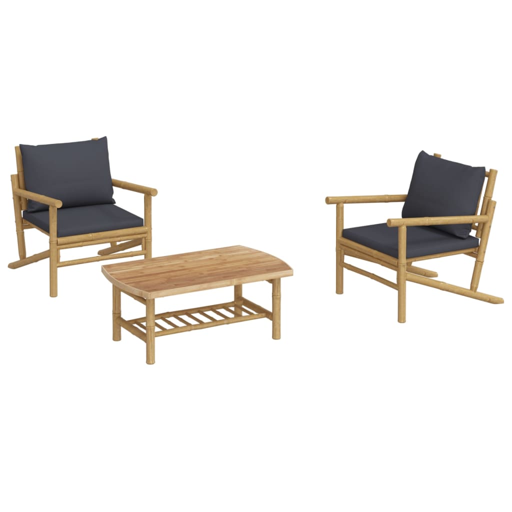 3pcs conj. lounge de jardim bambu c/ almofadões cinzento-escuro