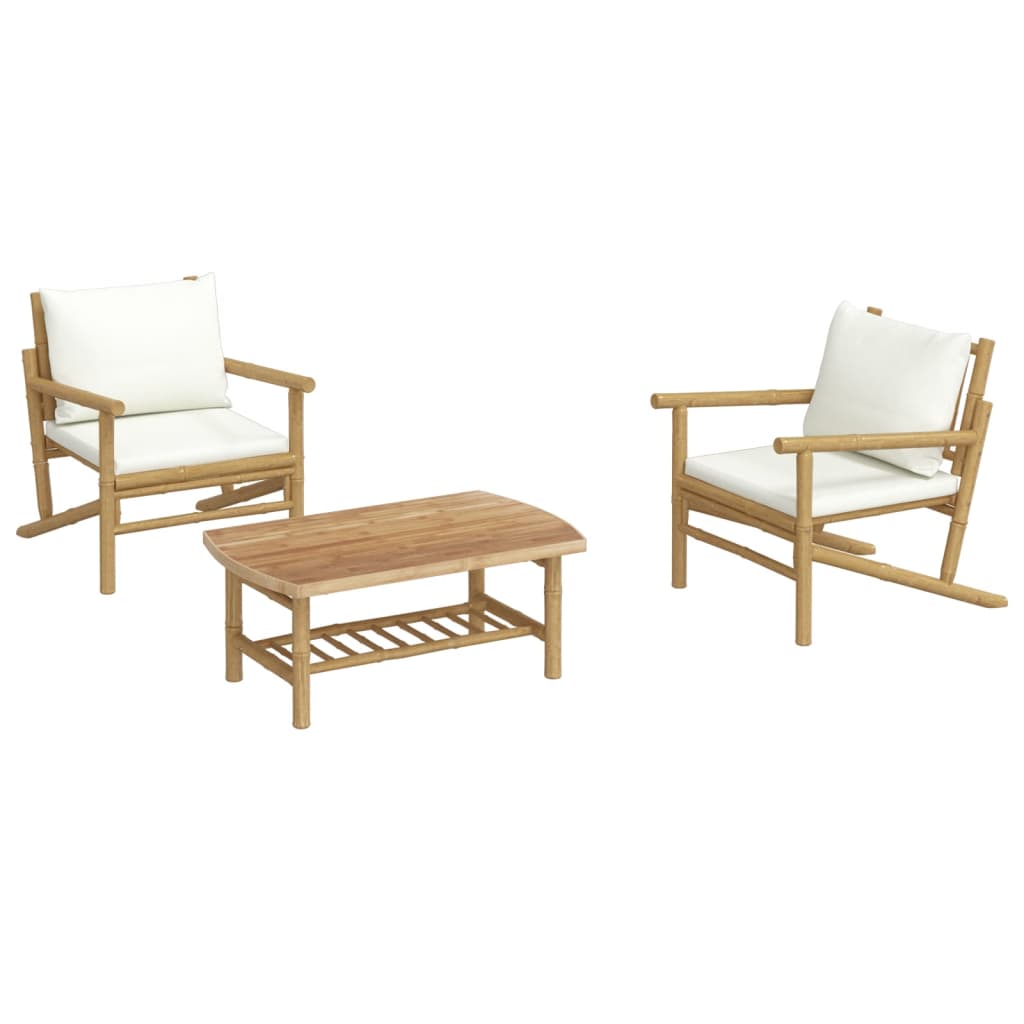 3 pcs conjunto lounge de jardim bambu c/ almofadões branco nata