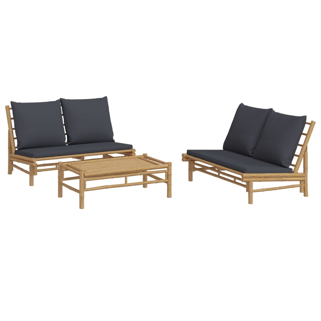 3pcs conj. lounge de jardim bambu c/ almofadões cinzento-escuro