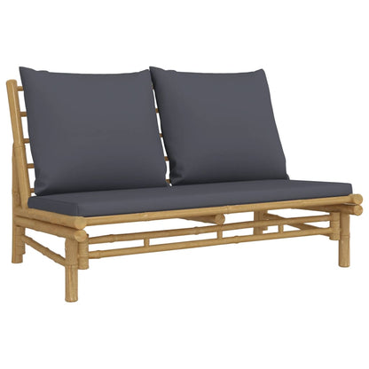 3pcs conj. lounge de jardim bambu c/ almofadões cinzento-escuro