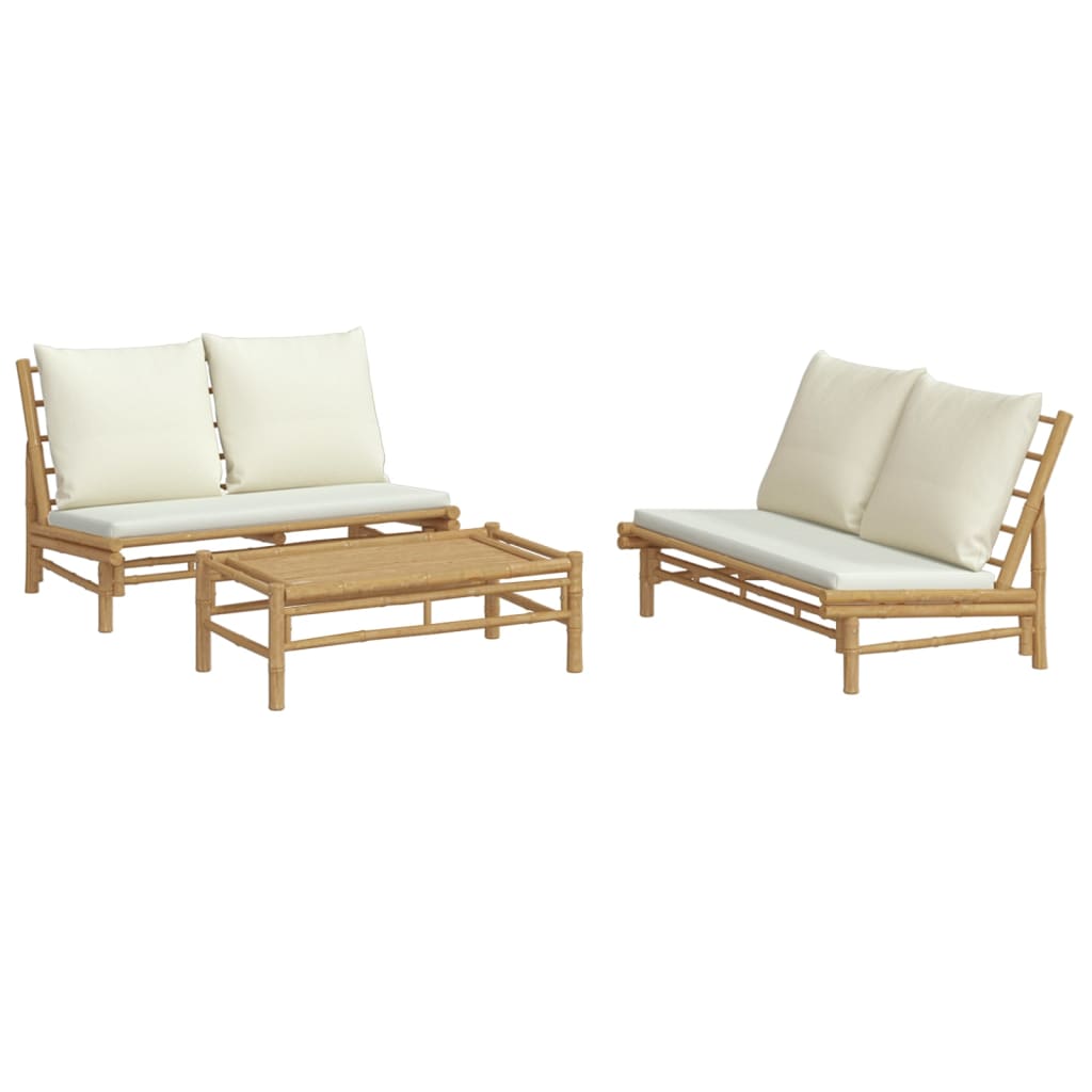 3 pcs conjunto lounge de jardim bambu c/ almofadões branco nata