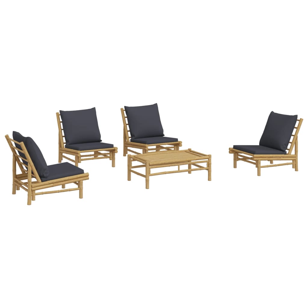 5 pcs conjunto lounge jardim bambu c/ almofadões cinza-escuro