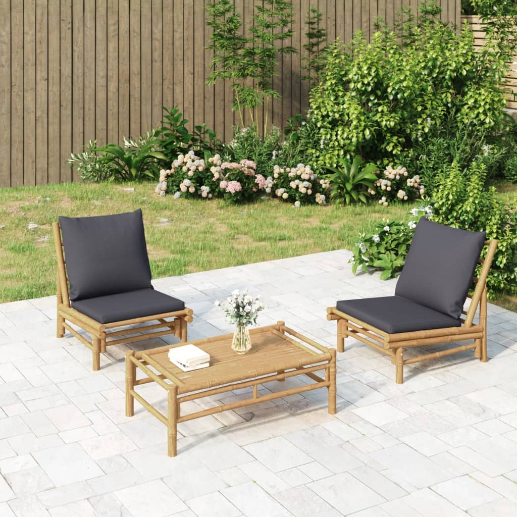 3pcs conj. lounge de jardim bambu c/ almofadões cinzento-escuro