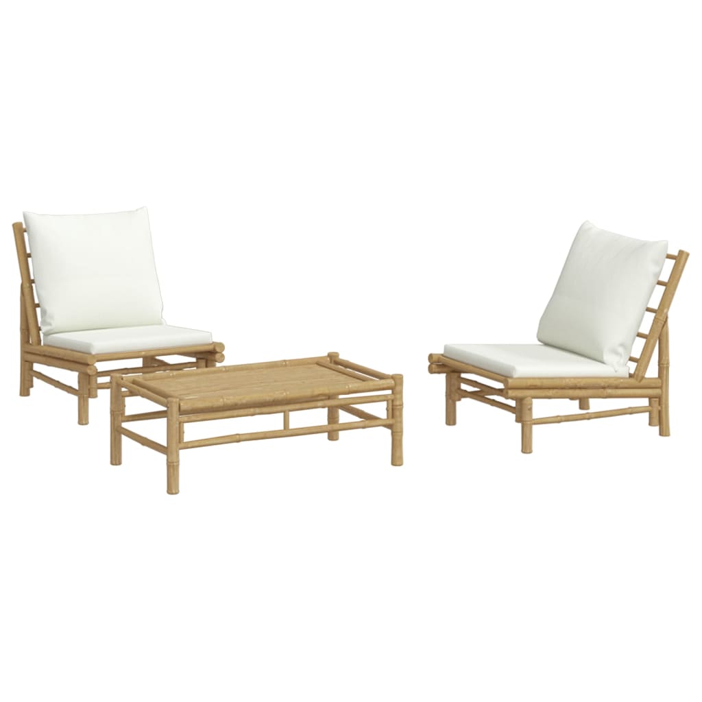 3 pcs conjunto lounge de jardim bambu c/ almofadões branco nata