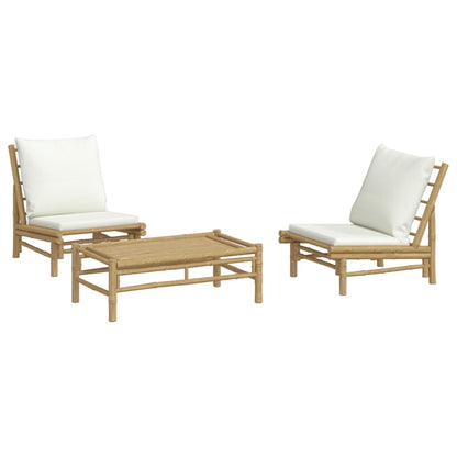 3 pcs conjunto lounge de jardim bambu c/ almofadões branco nata