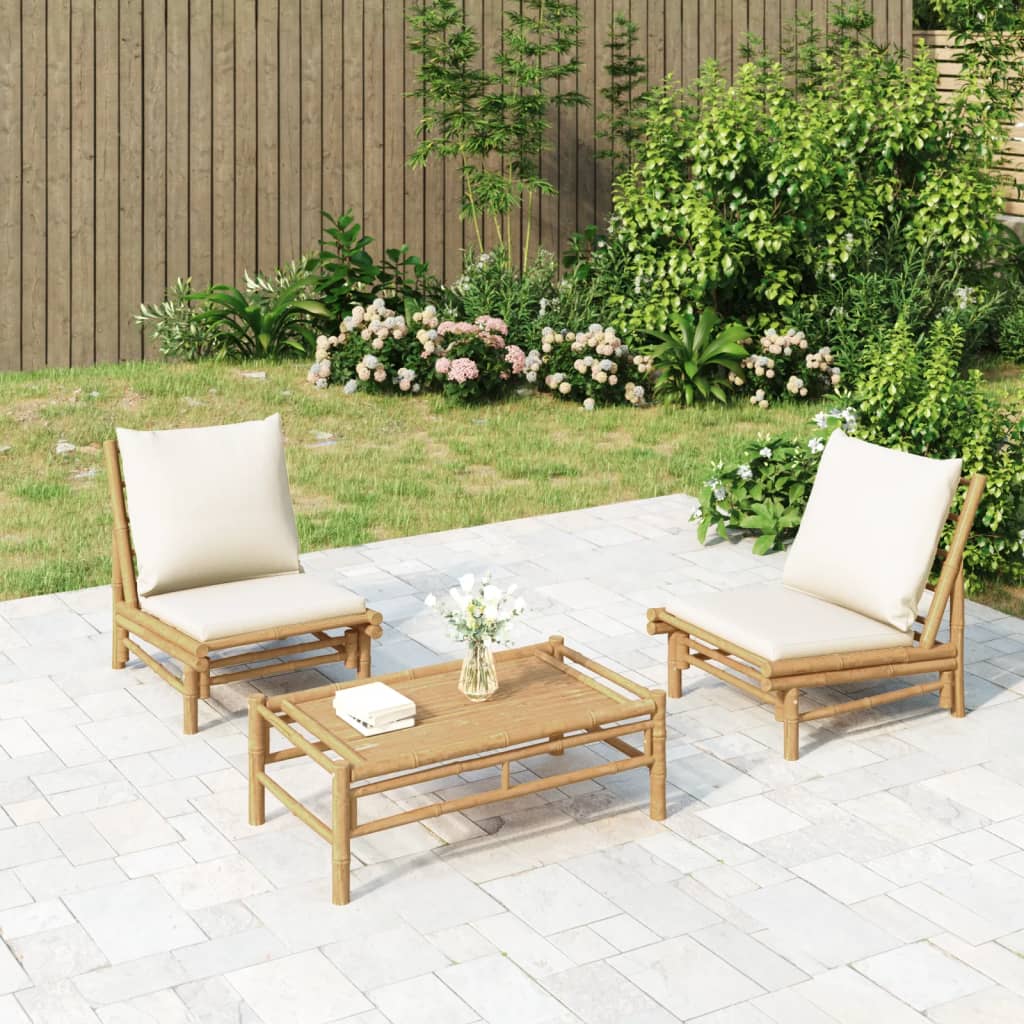 3 pcs conjunto lounge de jardim bambu c/ almofadões branco nata