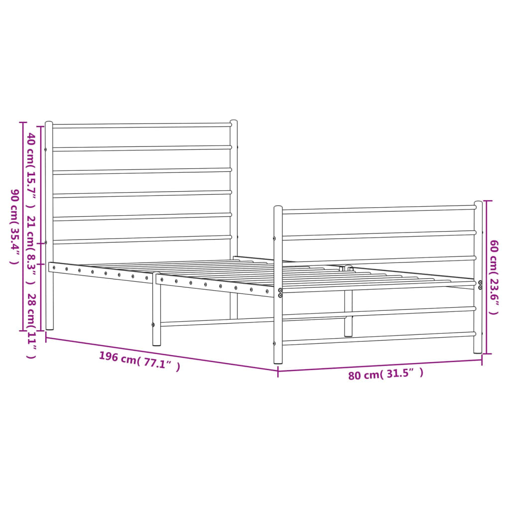 Estrutura de cama com cabeceira e pés 75x190 cm metal preto