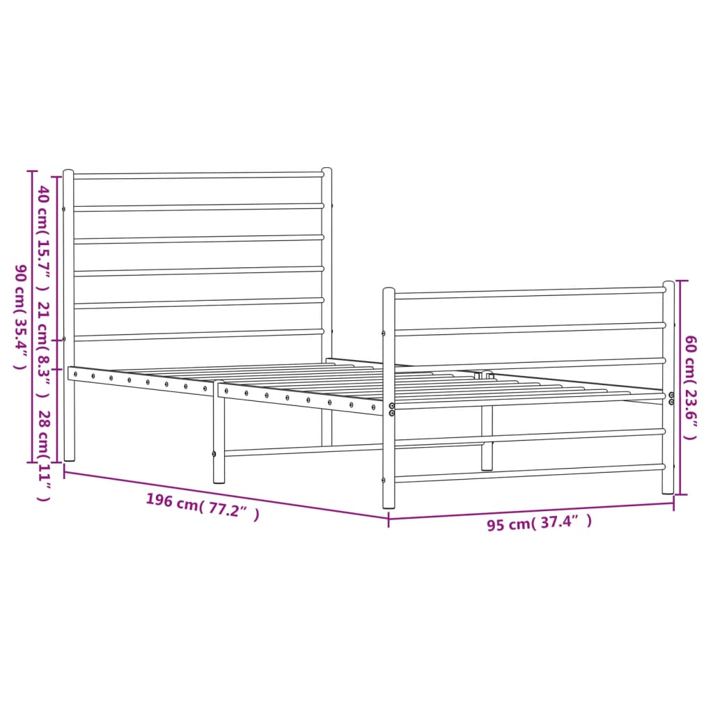 Estrutura de cama com cabeceira e pés 90x190 cm metal branco