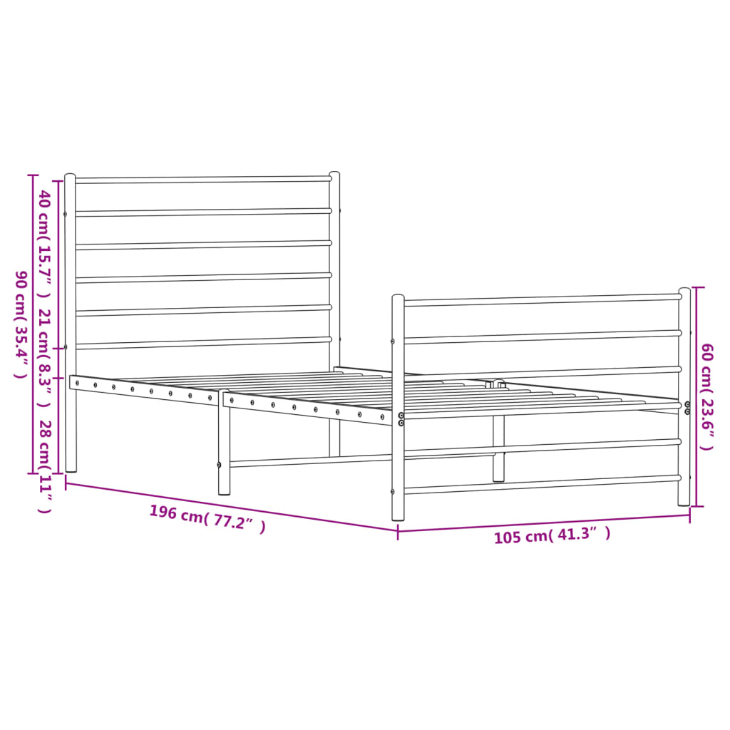 Estrutura de cama com cabeceira e pés 100x190 cm metal branco