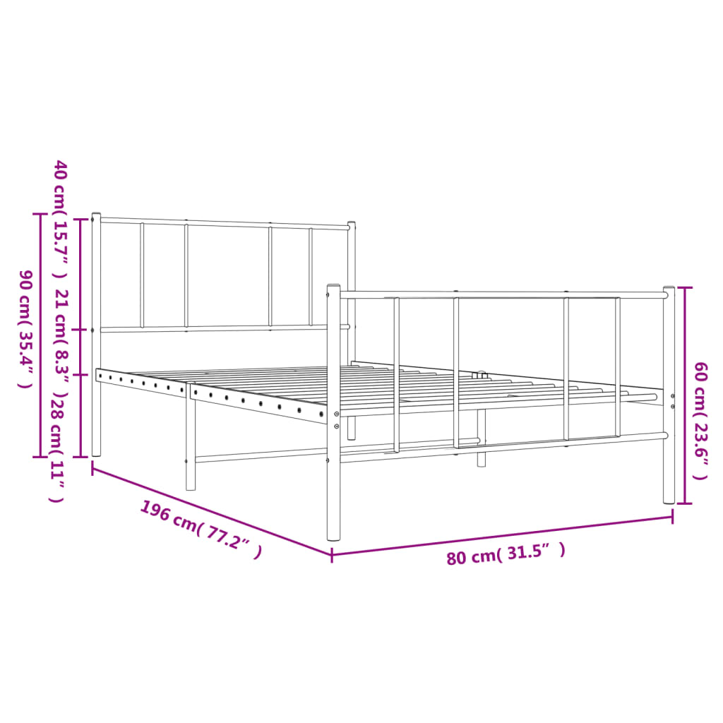 Estrutura de cama com cabeceira e pés 75x190 cm metal preto