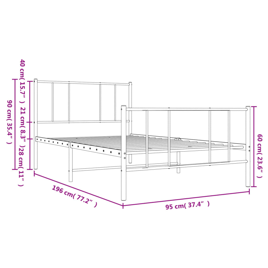 Estrutura de cama com cabeceira e pés 90x190 cm metal branco