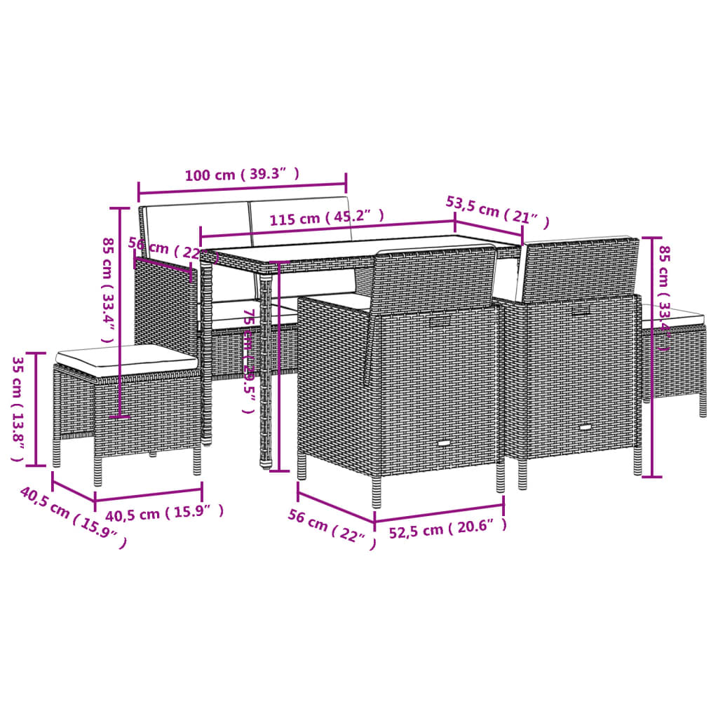 6 pcs conjunto de jantar p/ jardim com almofadões vime PE bege