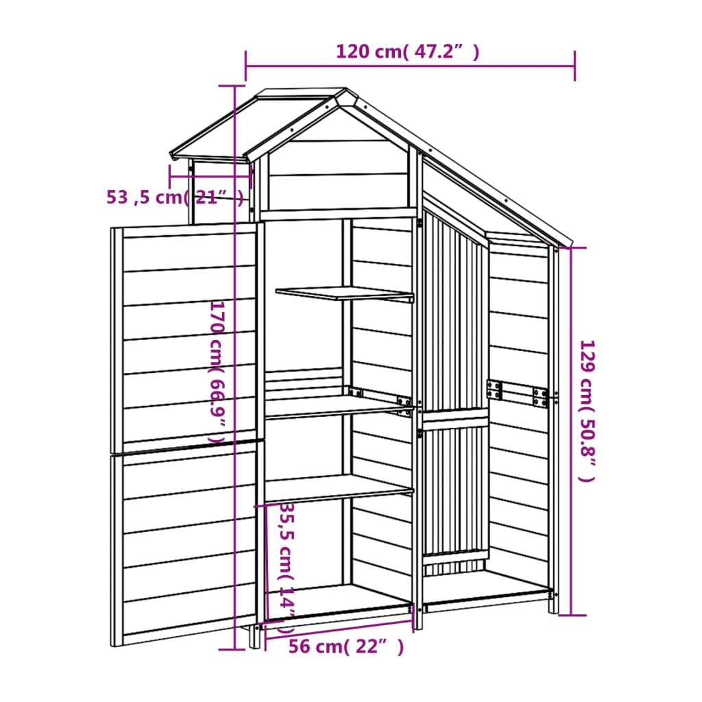 Abrigo p/ ferramentas jardim 120x53,5x170 cm pinho maciço cinza