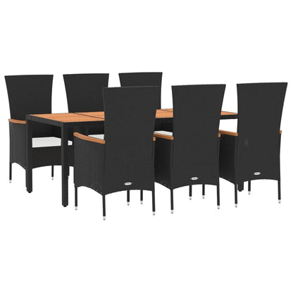 7 pcs conjunto de jantar p/ jardim c/ almofadões vime PE preto