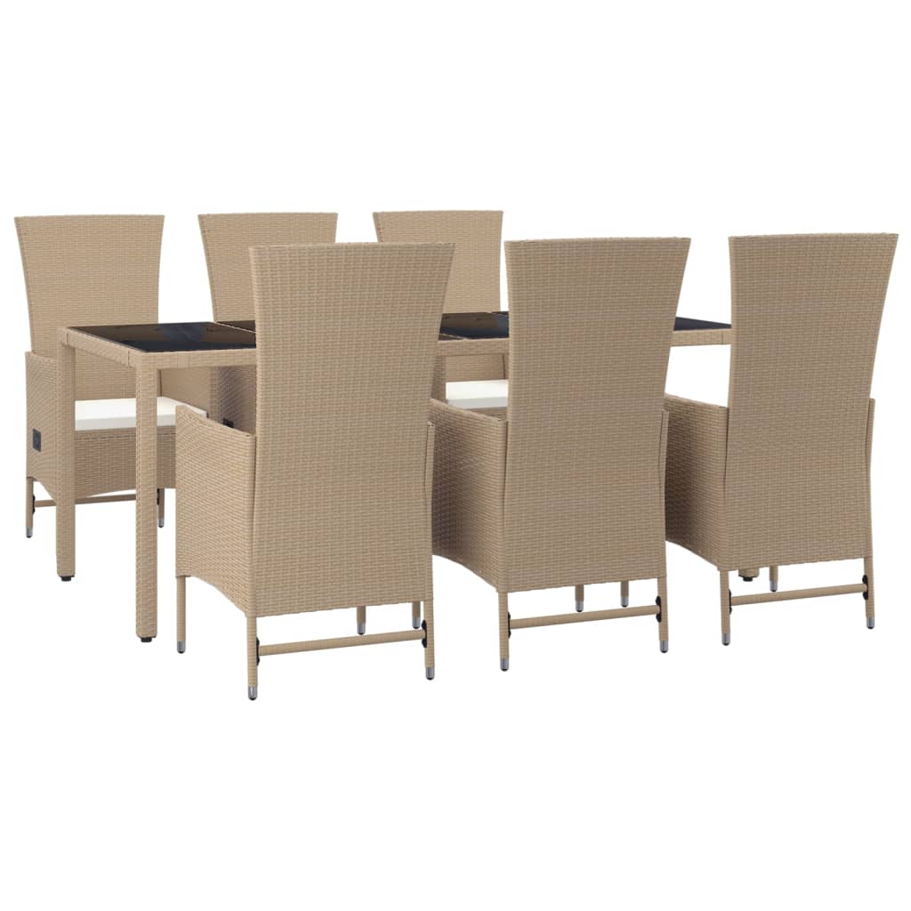 7 pcs conjunto de jantar p/ jardim com almofadões vime PE bege