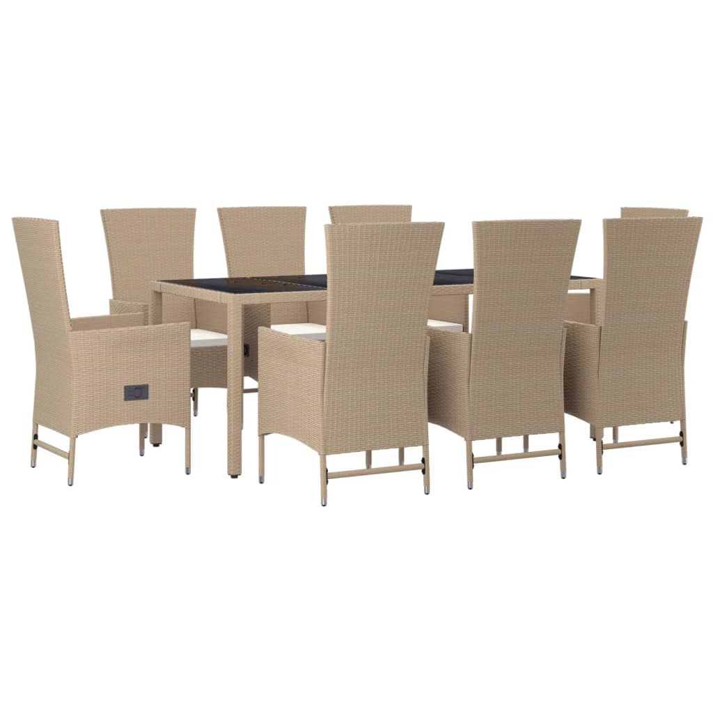 9 pcs conjunto de jantar p/ jardim com almofadões vime PE bege