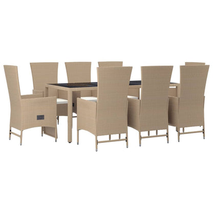 9 pcs conjunto de jantar p/ jardim com almofadões vime PE bege