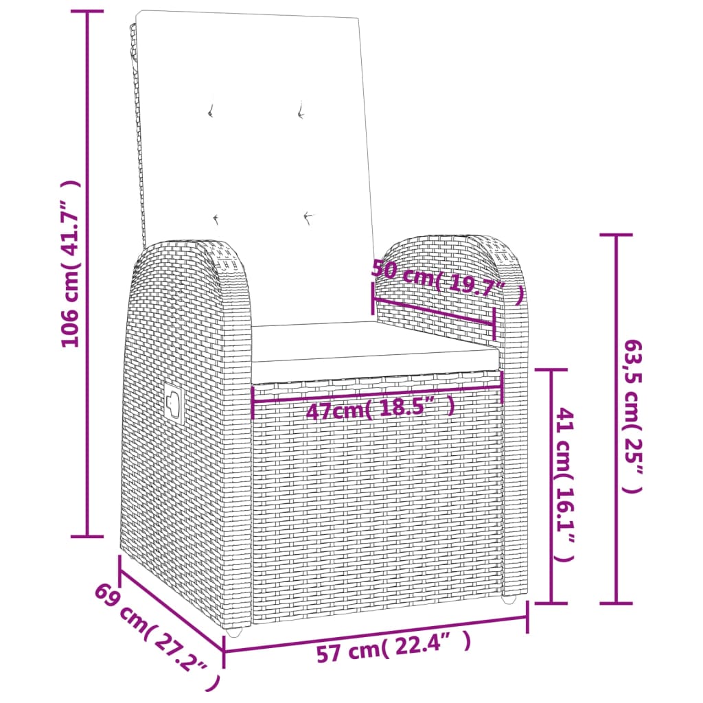 3 pcs conjunto de jantar p/ jardim c/ almofadões vime PE cinza