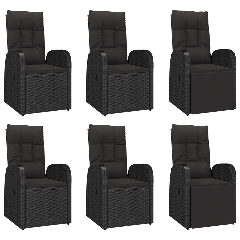 7 pcs conjunto de jantar p/ jardim c/ almofadões vime PE preto