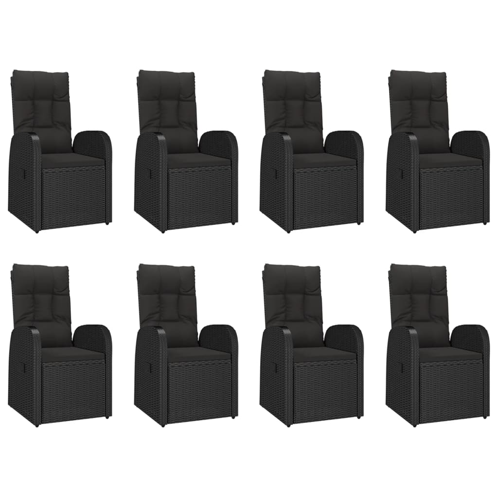 9 pcs conjunto de jantar p/ jardim c/ almofadões vime PE preto