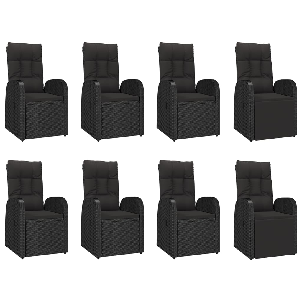 9 pcs conjunto de jantar p/ jardim c/ almofadões vime PE preto