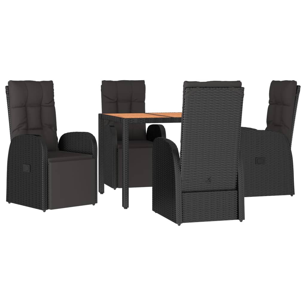 5 pcs conjunto de jantar p/ jardim vime PE/acácia maciça preto